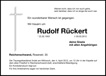 Traueranzeige von Rudolf Rückert von Hersbrucker Zeitung